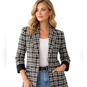Alia Black White Tweed Blazer Jacket Relaxed Fit Open Front Sz 14